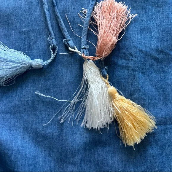 LOFT Blue Denim Chambray Mini Summer Shift Dress with ruffle sleeves & tassels - Picture 5 of 16